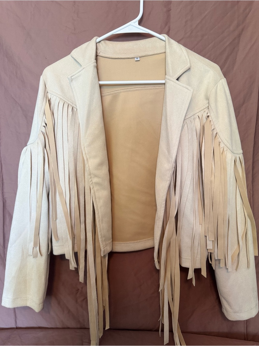Fringe Open-Front Blazer Jacket in Cream